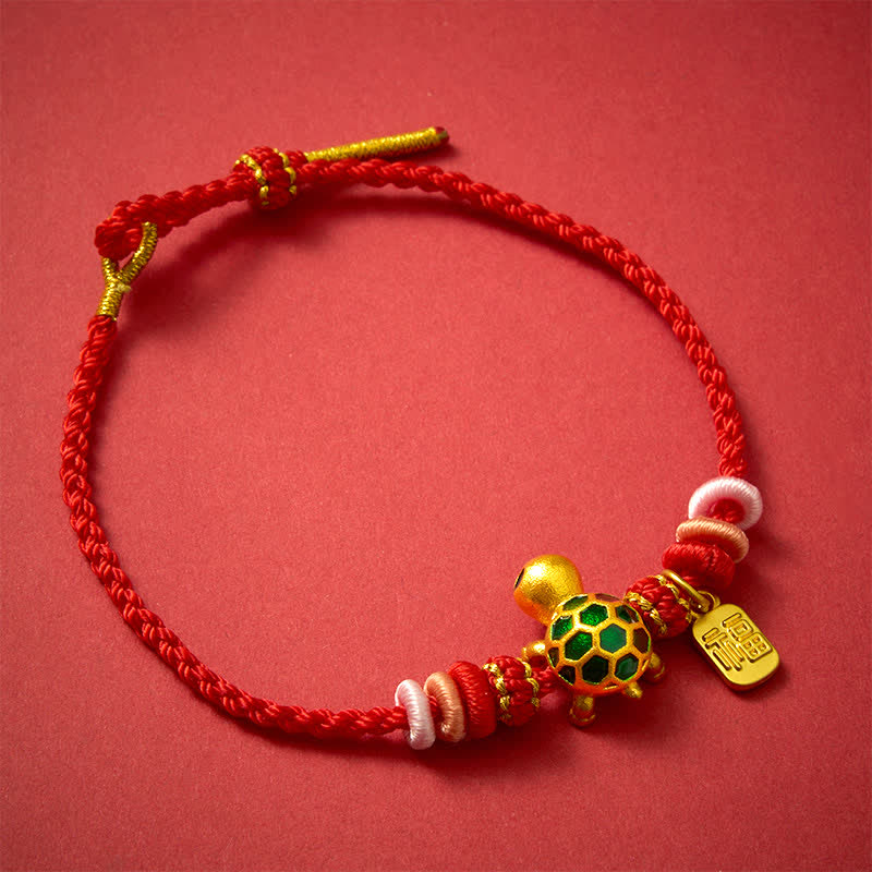 Buddha Stones Hand-Woven Red String Turtle Fu Character Endurance Bracelet