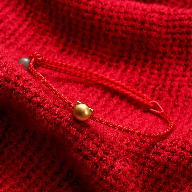 Buddha Stones Copper Cat Head Jade Red String Connection Bracelet