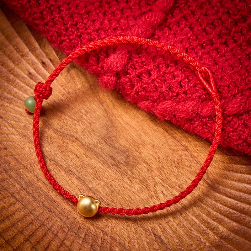 Buddha Stones Copper Cat Head Jade Red String Connection Bracelet