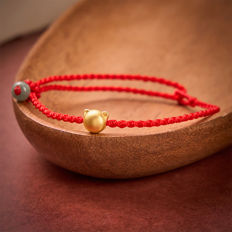 Buddha Stones Copper Cat Head Jade Red String Connection Bracelet