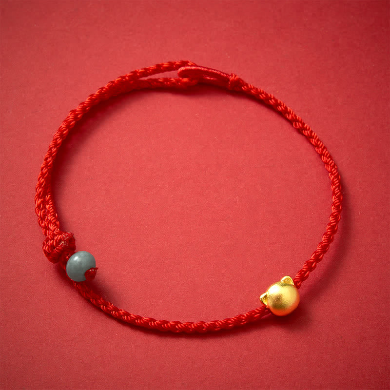 Buddha Stones Copper Cat Head Jade Red String Connection Bracelet