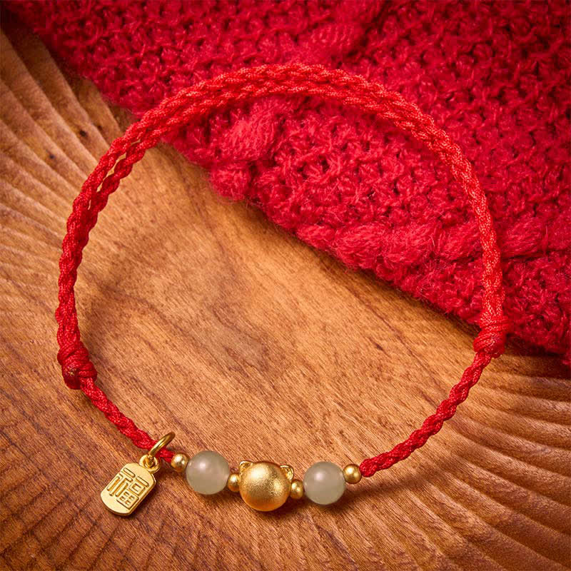 Buddha Stones Hetian Jade Fu Character Copper Cat Red String Bracelet