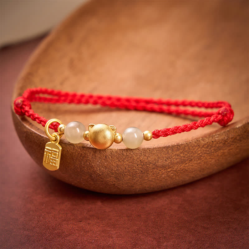 EverestArtstudios Hetian Jade Fu Character Copper Cat Red String Bracelet