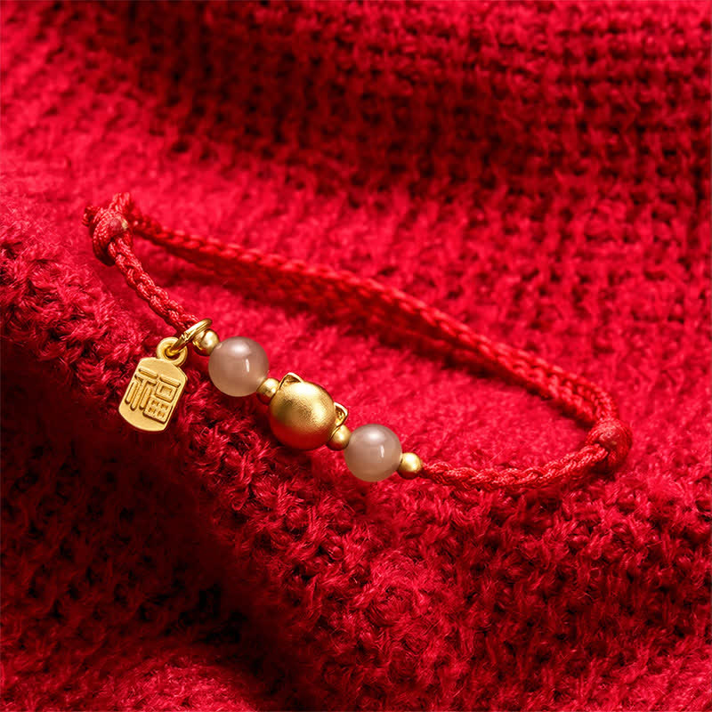 Buddha Stones Hetian Jade Fu Character Copper Cat Red String Bracelet