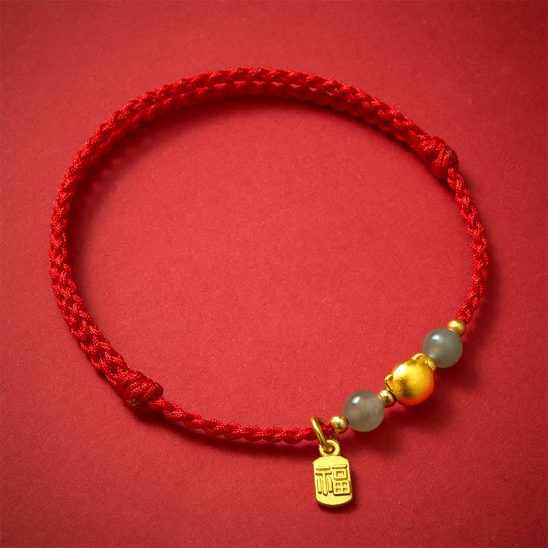 Buddha Stones Hetian Jade Fu Character Copper Cat Red String Bracelet