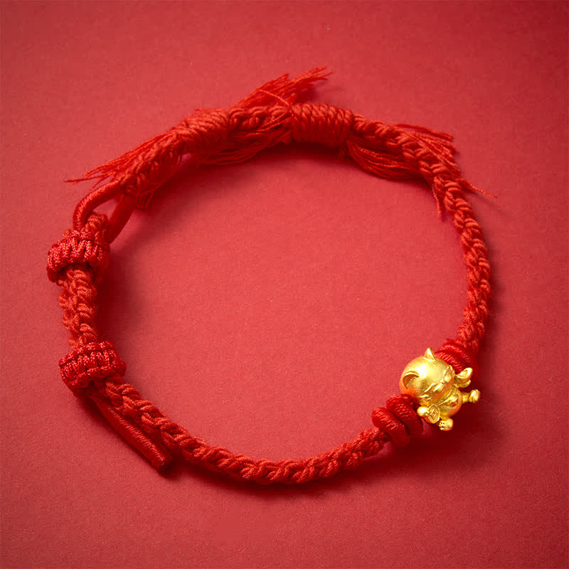 Buddha Stones Copper Lucky Cat Charm Red String Wealth Bracelet