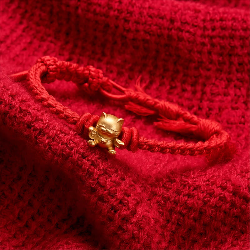 Buddha Stones Copper Lucky Cat Charm Red String Wealth Bracelet