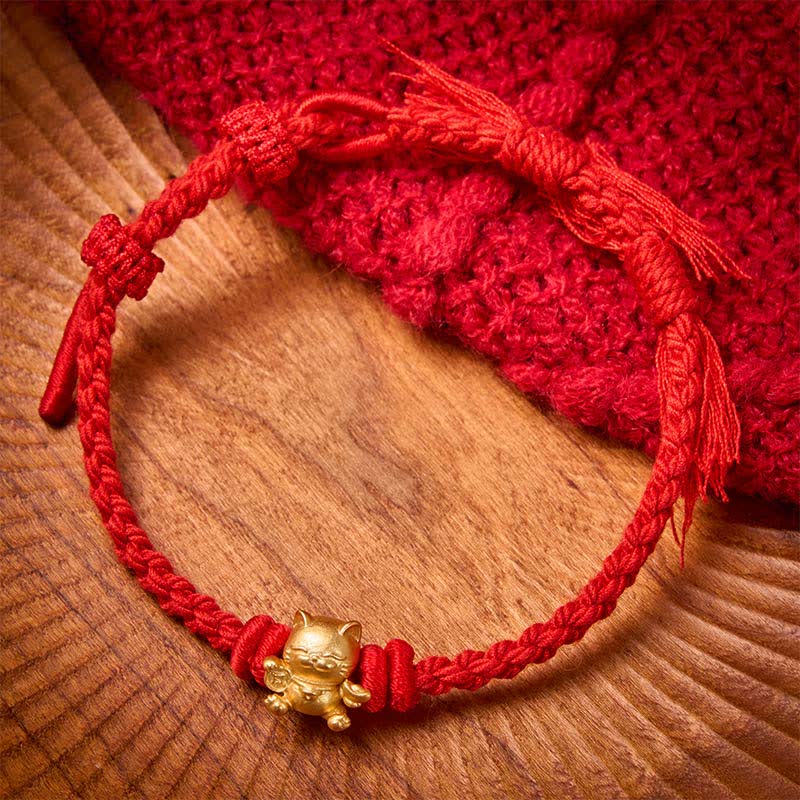 Buddha Stones Copper Lucky Cat Charm Red String Wealth Bracelet