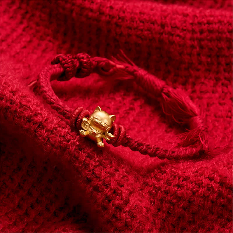 Buddha Stones Copper Lucky Cat Charm Red String Wealth Bracelet