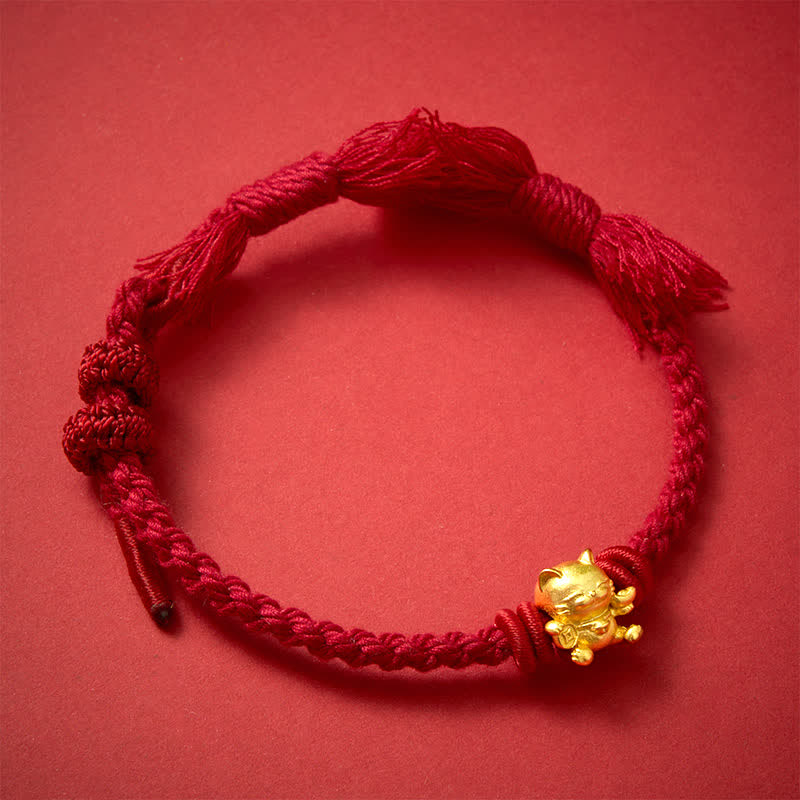 Buddha Stones Copper Lucky Cat Charm Red String Wealth Bracelet