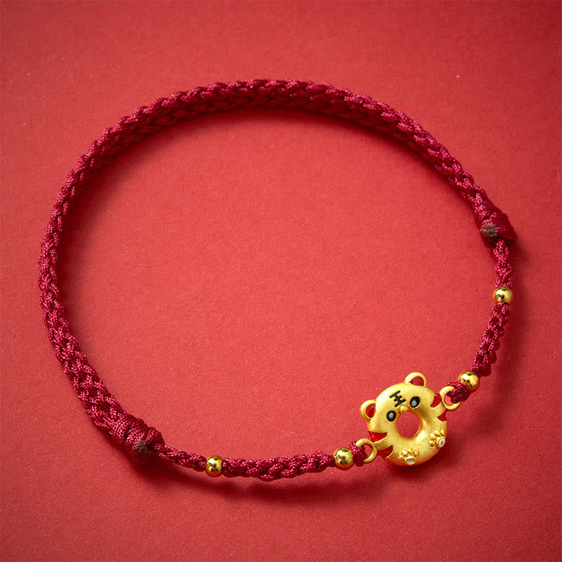 Buddha Stones Copper Tiger Peace Buckle Hand Woven Grounding Red String Adjustable Bracelet
