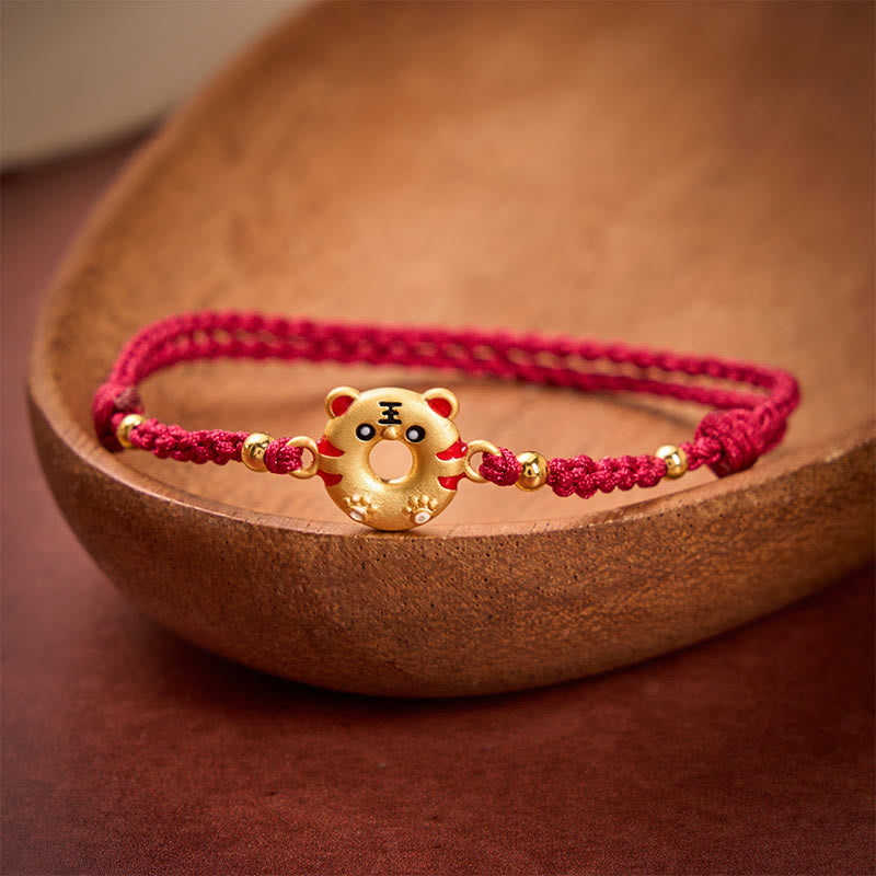 Buddha Stones Copper Tiger Peace Buckle Hand Woven Grounding Red String Adjustable Bracelet
