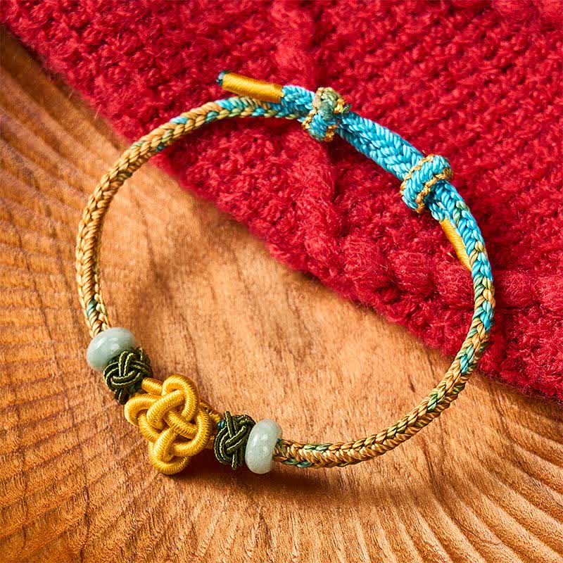 Buddha Stones Handmade Braided Yellow Green Osmanthus Knot Jade Luck Adjustable Bracelet