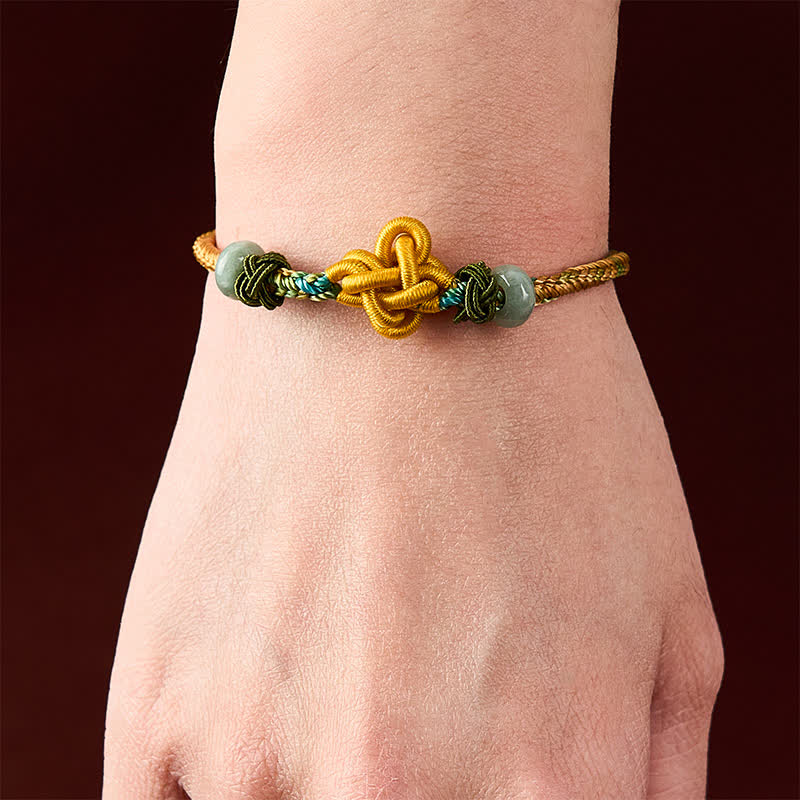 Buddha Stones Handmade Braided Yellow Green Osmanthus Knot Jade Luck Adjustable Bracelet