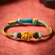 Buddha Stones Handmade Braided Yellow Green Osmanthus Knot Jade Luck Adjustable Bracelet
