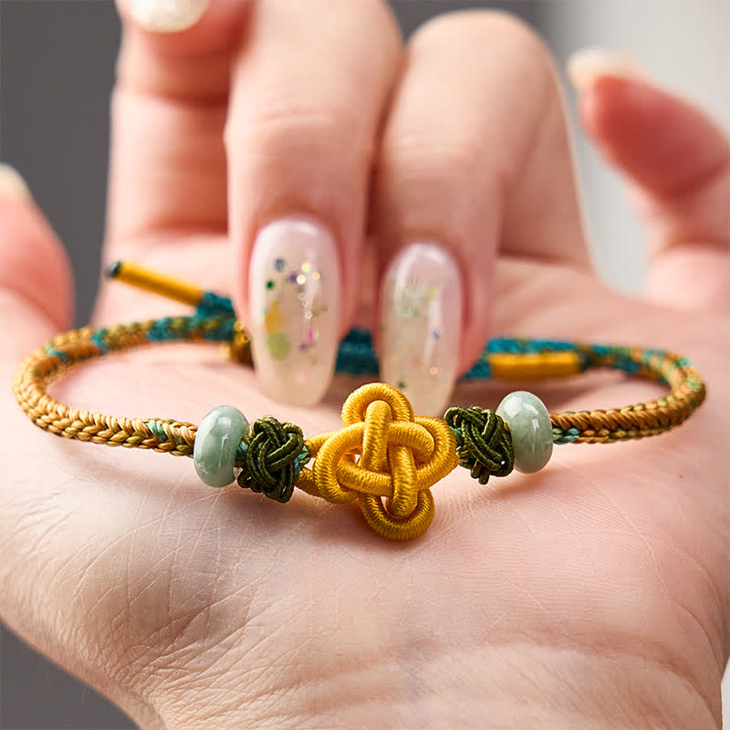 Buddha Stones Handmade Braided Yellow Green Osmanthus Knot Jade Luck Adjustable Bracelet