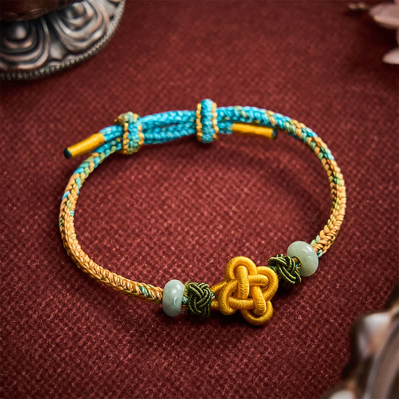 Buddha Stones Handmade Braided Yellow Green Osmanthus Knot Jade Luck Adjustable Bracelet
