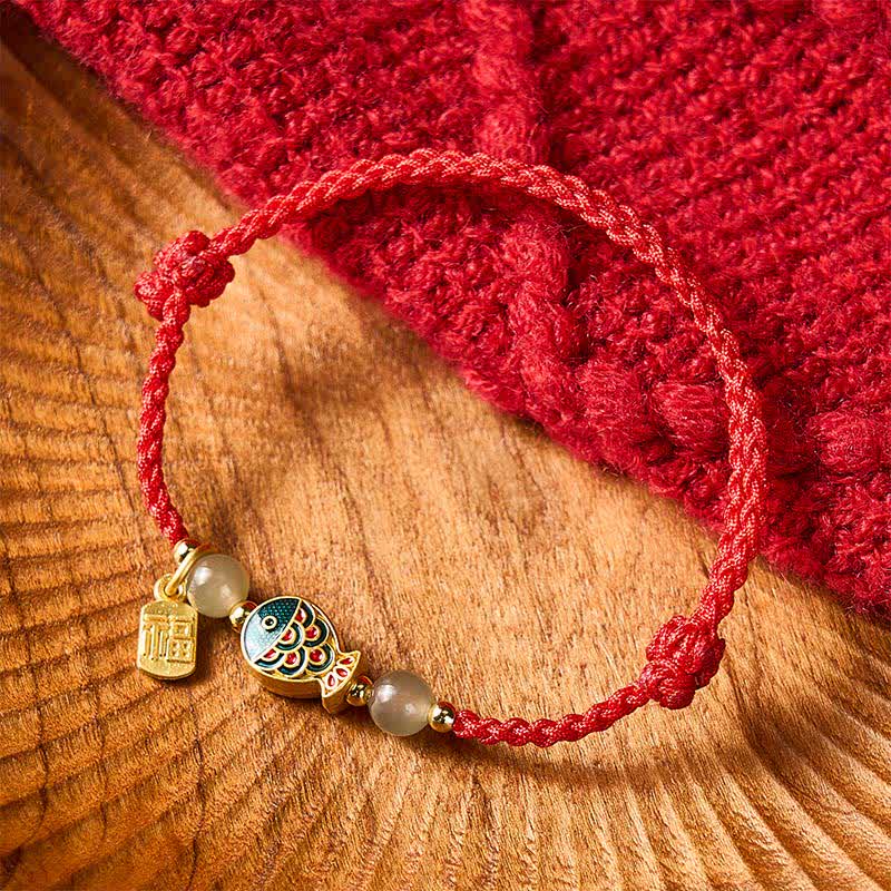 Buddha Stones Hand-Woven Koi Fish Fu Character Jade Beads Protection Rope Bracelet