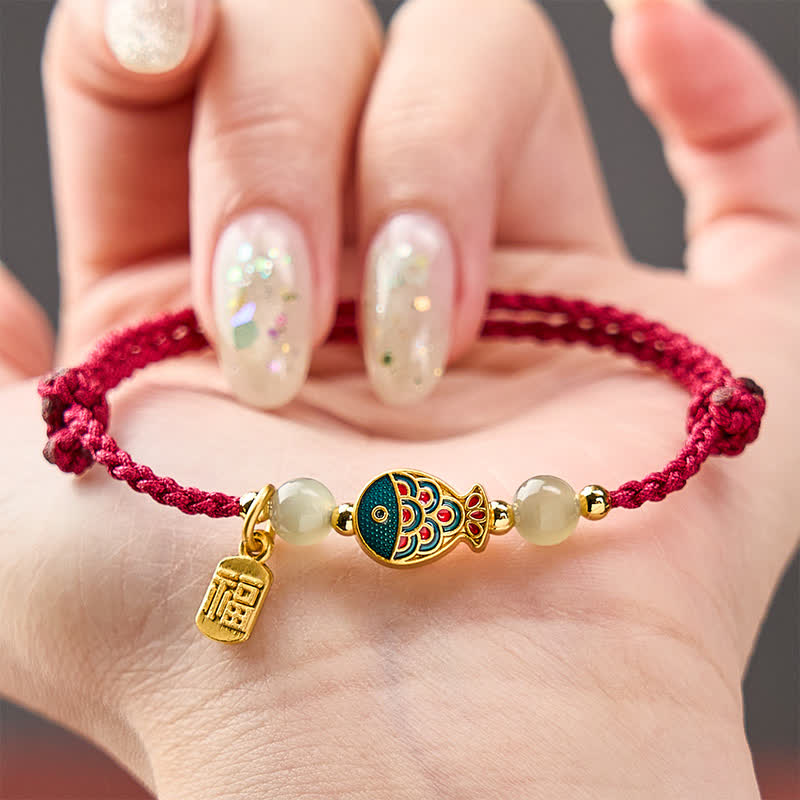 Buddha Stones Hand-Woven Koi Fish Fu Character Jade Beads Protection Rope Bracelet