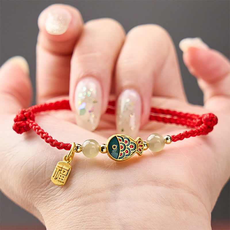 Buddha Stones Hand-Woven Koi Fish Fu Character Jade Beads Protection Rope Bracelet