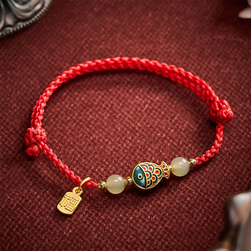 Buddha Stones Hand-Woven Koi Fish Fu Character Jade Beads Protection Rope Bracelet