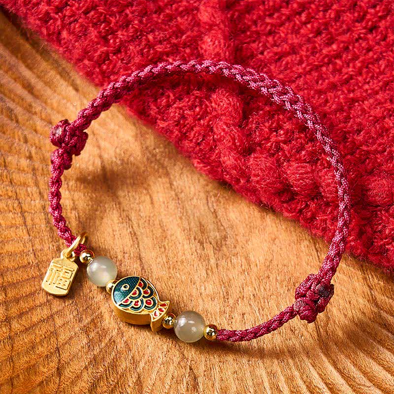 Buddha Stones Hand-Woven Koi Fish Fu Character Jade Beads Protection Rope Bracelet