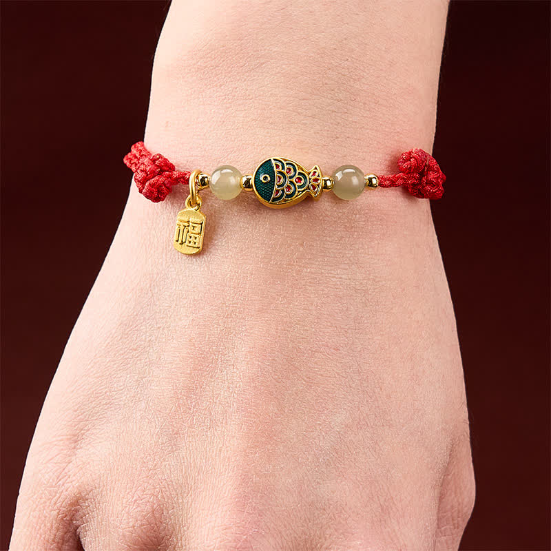EverestArtstudios Hand-Woven Koi Fish Fu Character Jade Beads Protection Rope Bracelet