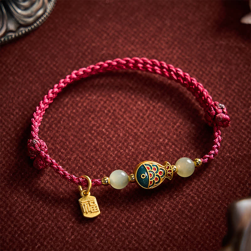 Buddha Stones Hand-Woven Koi Fish Fu Character Jade Beads Protection Rope Bracelet