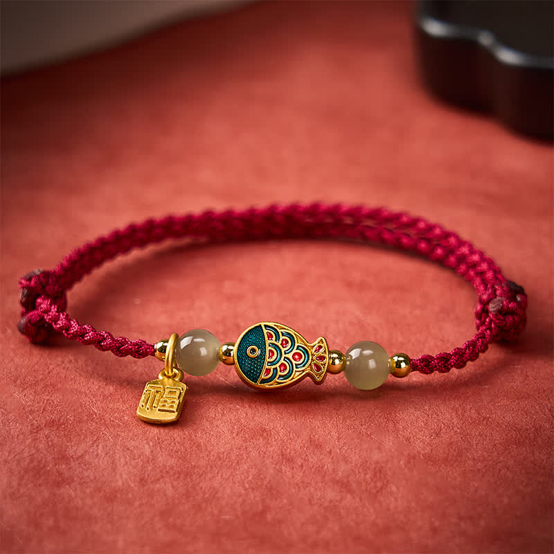Buddha Stones Hand-Woven Koi Fish Fu Character Jade Beads Protection Rope Bracelet