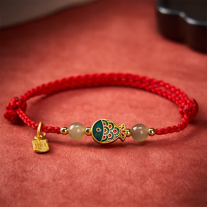 Buddha Stones Hand-Woven Koi Fish Fu Character Jade Beads Protection Rope Bracelet