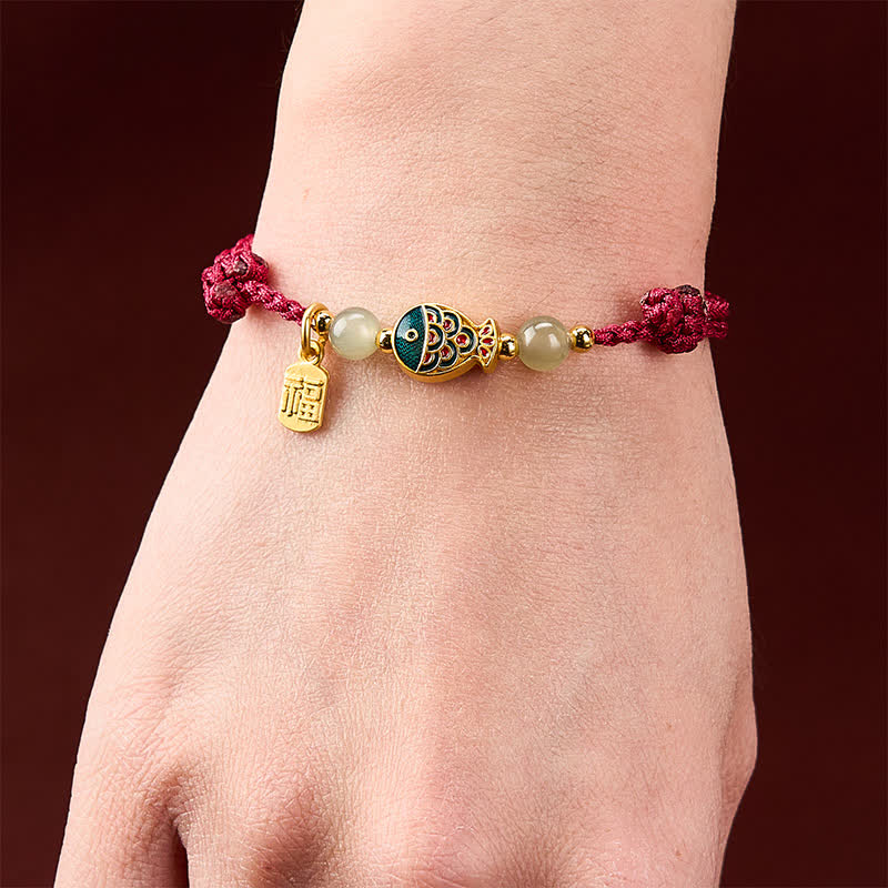 Buddha Stones Hand-Woven Koi Fish Fu Character Jade Beads Protection Rope Bracelet