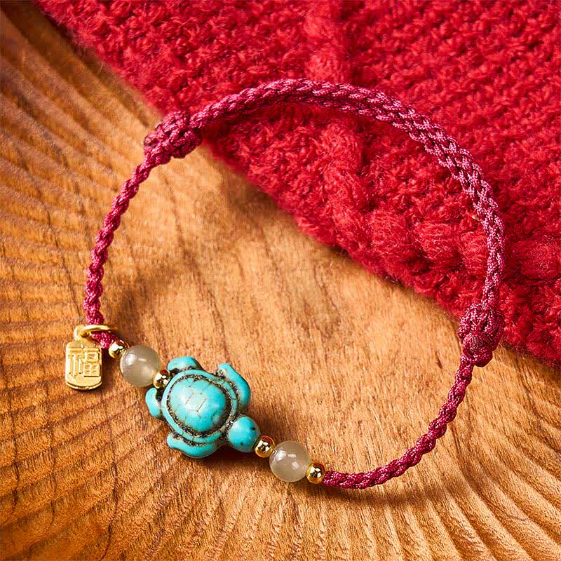 Buddha Stones Hand-Woven Turquoise Turtle Fu Character Jade Beads Luck Rope Bracelet