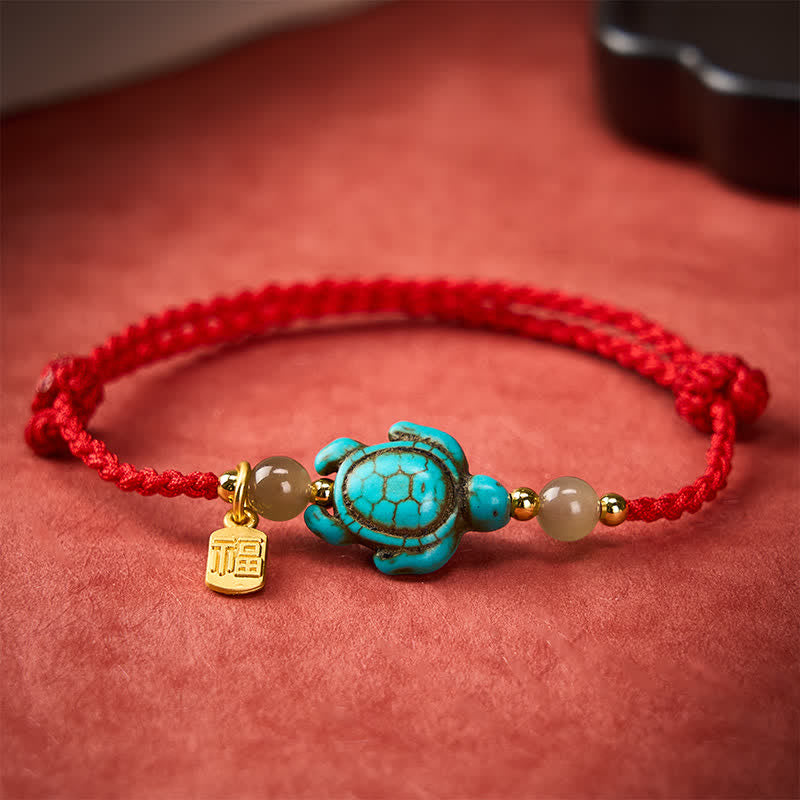 Buddha Stones Hand-Woven Turquoise Turtle Fu Character Jade Beads Luck Rope Bracelet