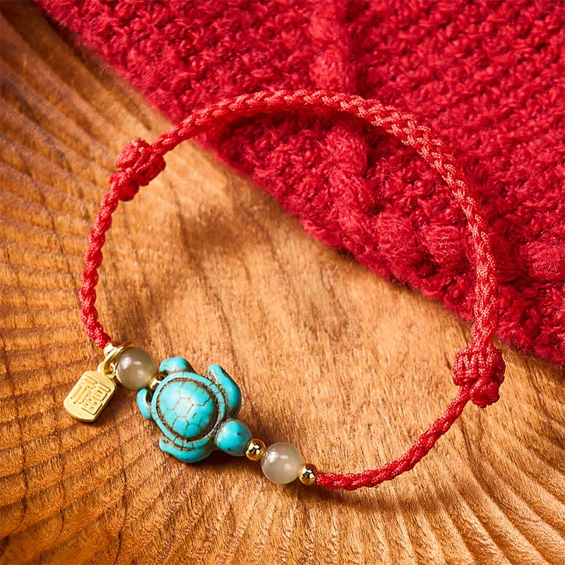 EverestArtstudios Hand-Woven Turquoise Turtle Fu Character Jade Beads Luck Rope Bracelet
