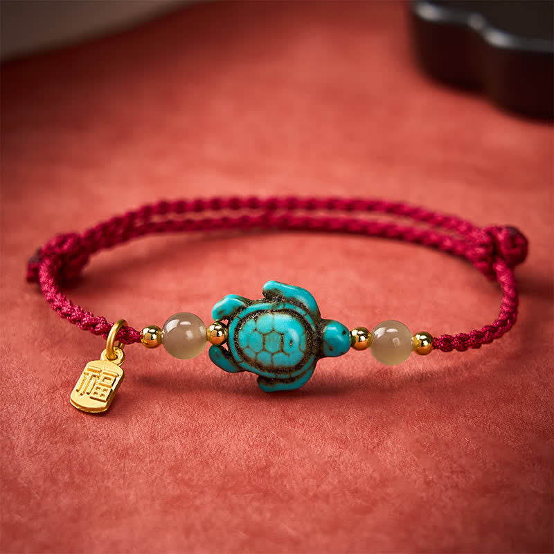 Buddha Stones Hand-Woven Turquoise Turtle Fu Character Jade Beads Luck Rope Bracelet
