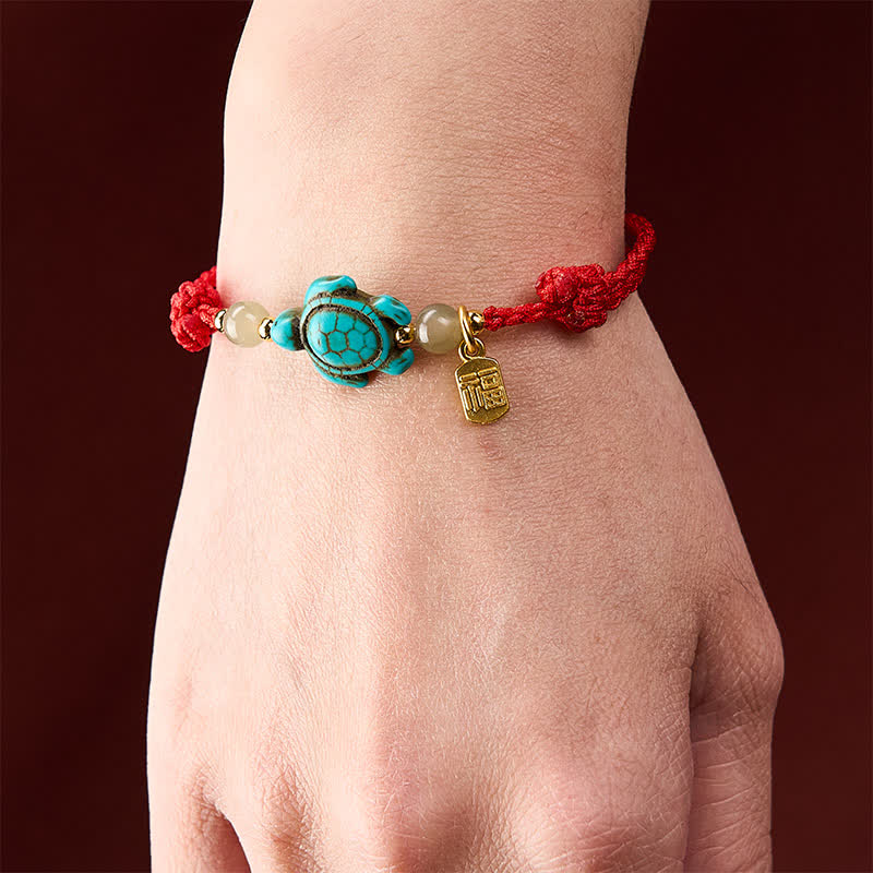Buddha Stones Hand-Woven Turquoise Turtle Fu Character Jade Beads Luck Rope Bracelet