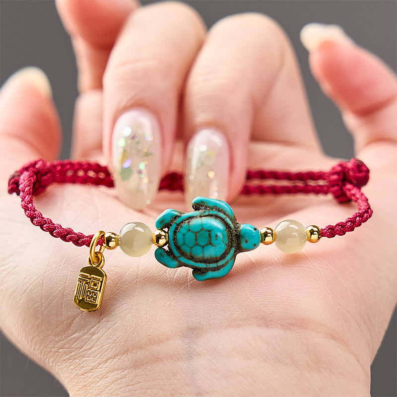 Buddha Stones Hand-Woven Turquoise Turtle Fu Character Jade Beads Luck Rope Bracelet