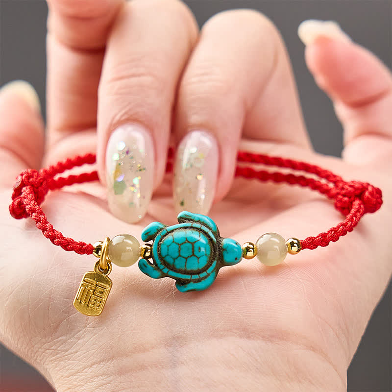 Buddha Stones Hand-Woven Turquoise Turtle Fu Character Jade Beads Luck Rope Bracelet