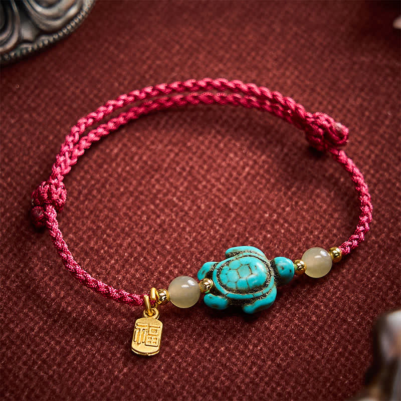 EverestArtstudios Hand-Woven Turquoise Turtle Fu Character Jade Beads Luck Rope Bracelet