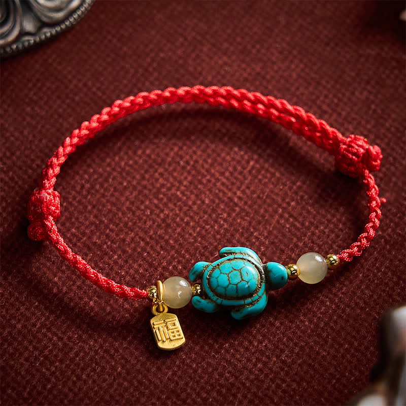 Buddha Stones Hand-Woven Turquoise Turtle Fu Character Jade Beads Luck Rope Bracelet