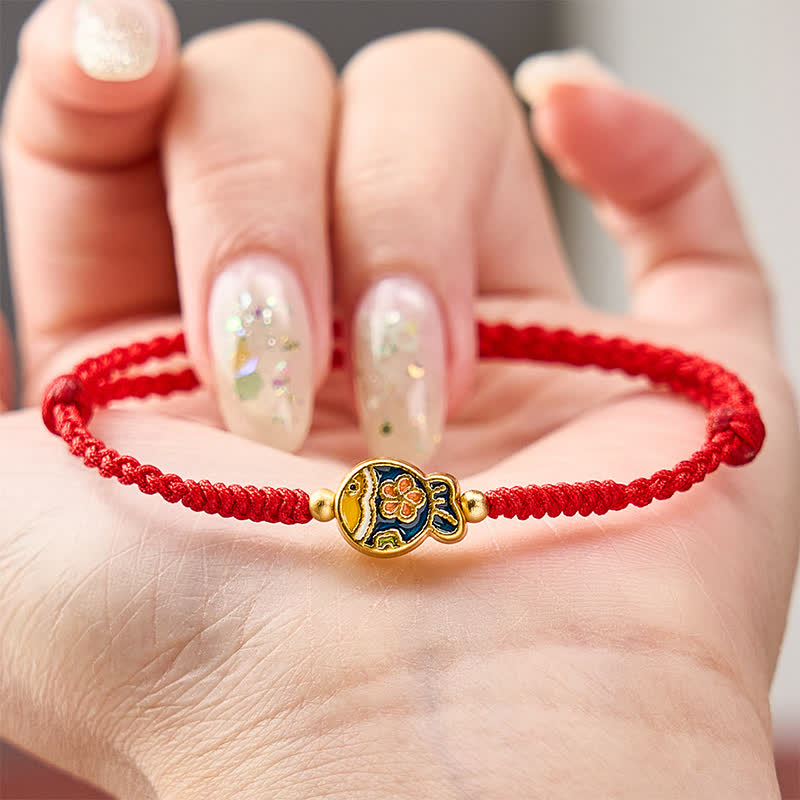 Buddha Stones Hand-Woven Cyan Flower Koi Fish Protection Red Rope Bracelet