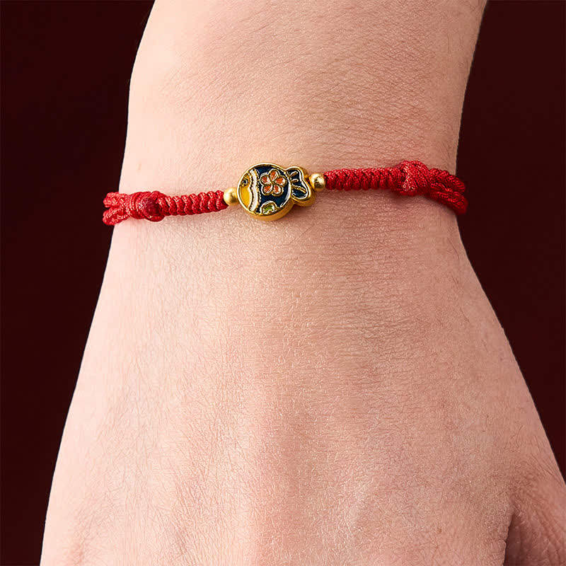 Buddha Stones Hand-Woven Cyan Flower Koi Fish Protection Red Rope Bracelet
