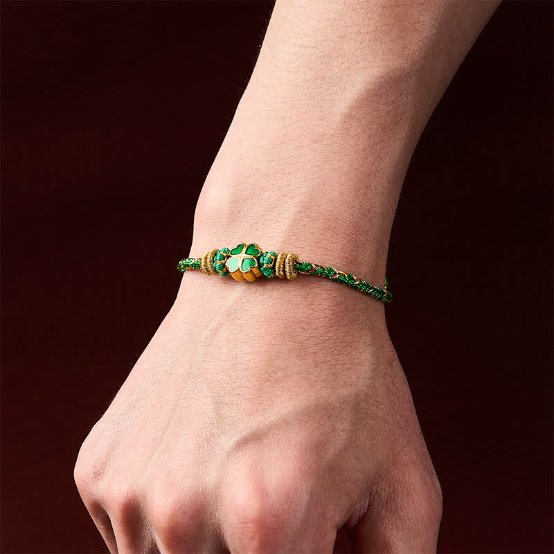 Buddha Stones Hand-Woven String Heart-Shaped Green Four Leaf Clover Strength Rope Bracelet