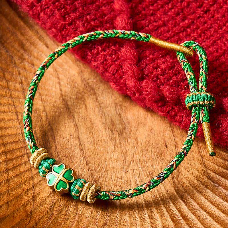 Buddha Stones Hand-Woven String Heart-Shaped Green Four Leaf Clover Strength Rope Bracelet