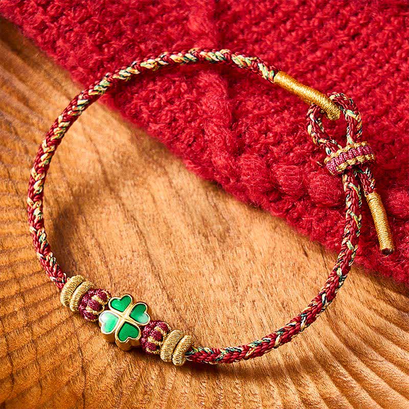 Buddha Stones Hand-Woven String Heart-Shaped Green Four Leaf Clover Strength Rope Bracelet