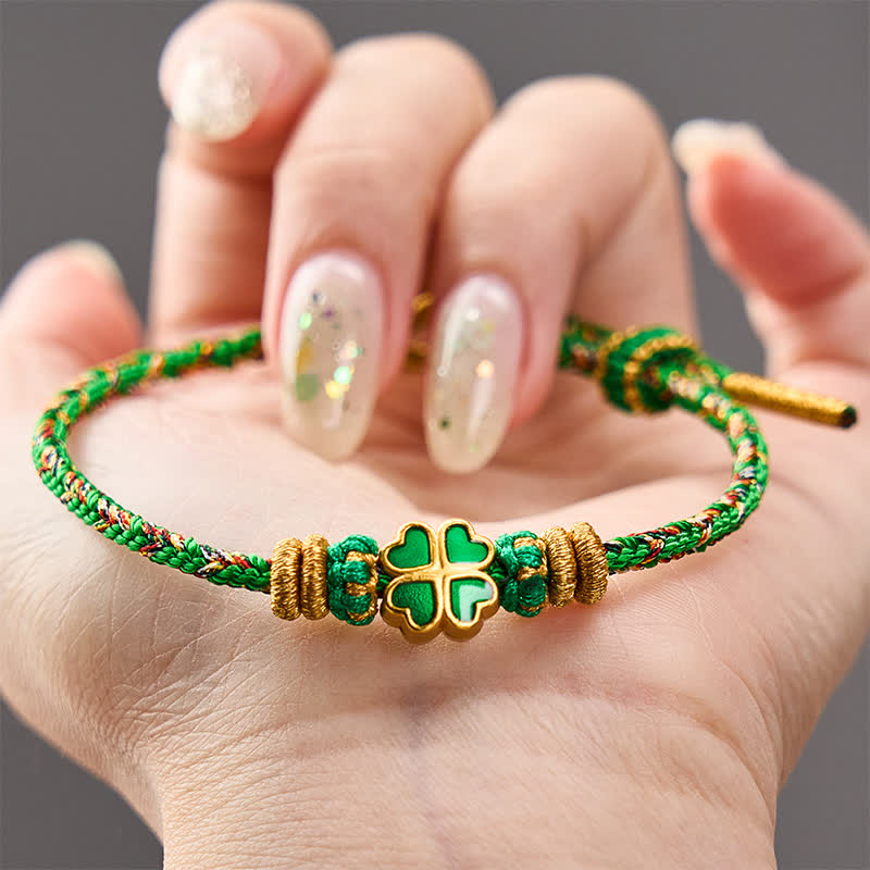 Buddha Stones Hand-Woven String Heart-Shaped Green Four Leaf Clover Strength Rope Bracelet