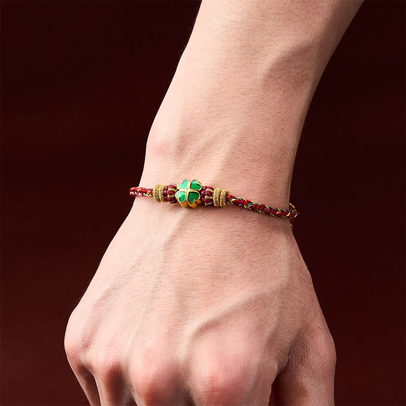 Buddha Stones Hand-Woven String Heart-Shaped Green Four Leaf Clover Strength Rope Bracelet