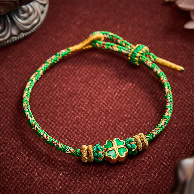 Buddha Stones Hand-Woven String Heart-Shaped Green Four Leaf Clover Strength Rope Bracelet