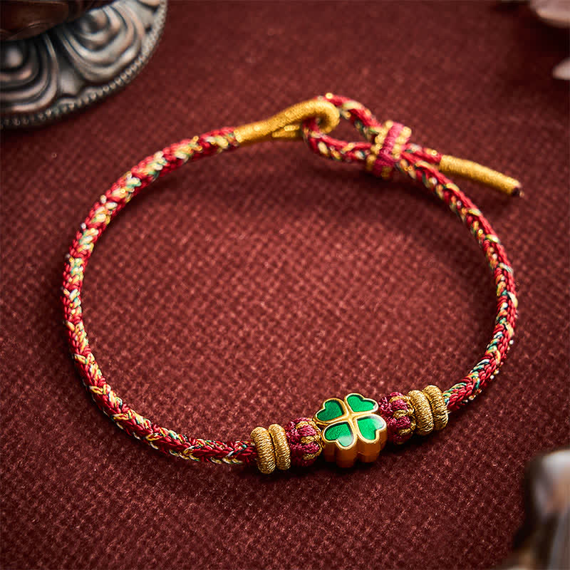 Buddha Stones Hand-Woven String Heart-Shaped Green Four Leaf Clover Strength Rope Bracelet
