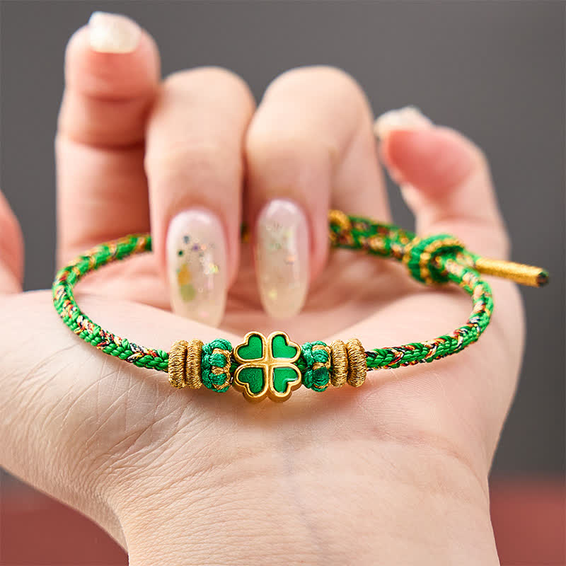 Buddha Stones Hand-Woven String Heart-Shaped Green Four Leaf Clover Strength Rope Bracelet